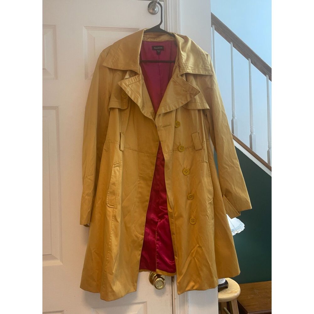 Bebe Gold Trench Coat Women’s Large Hot Pink Lined Long Statement Jacket y2k
